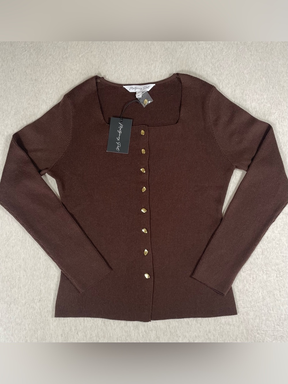 NWT Fitted Montgomery Post Women’s L Brown Ribbed Cardigan Sweater Runs Small